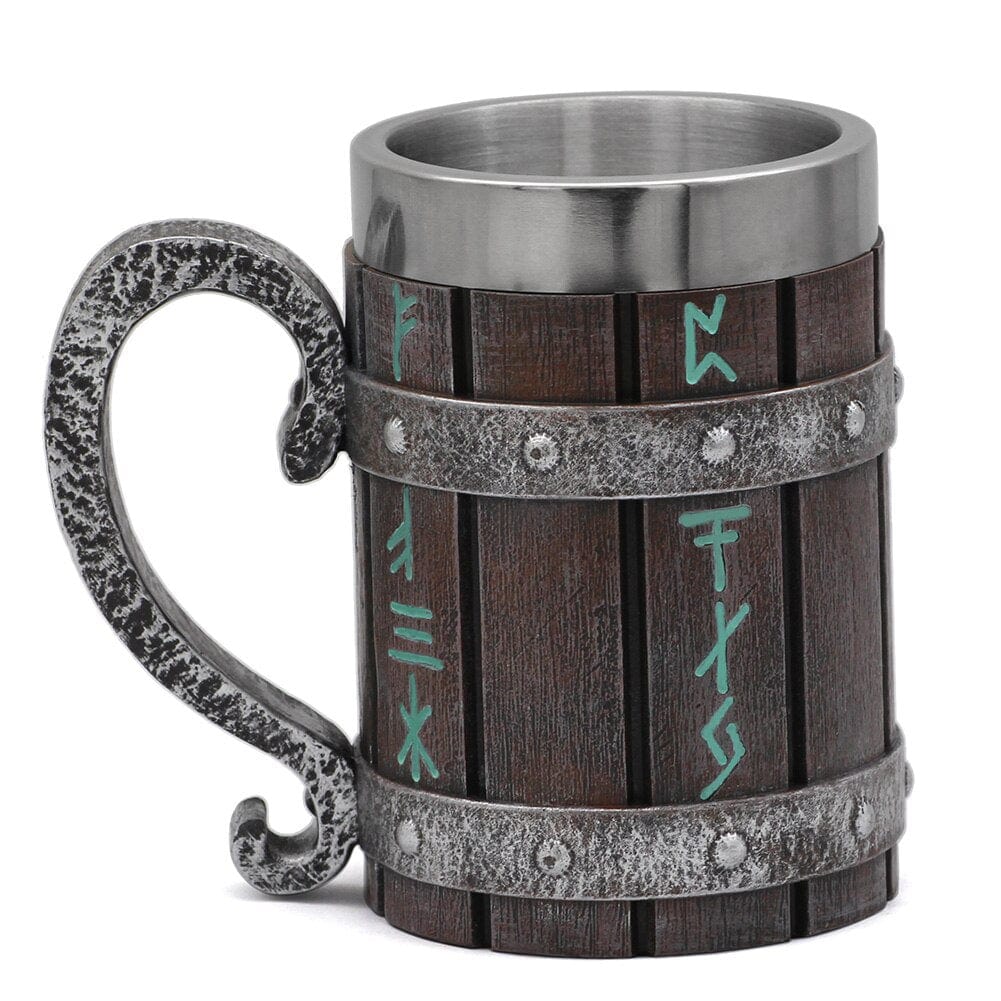Runic Viking Mug in Steel and Wood 1 Runic Viking Mug in Steel and Wood