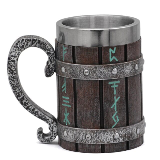 Runic Viking Mug in Steel and Wood 2 Runic Viking Mug in Steel and Wood - Image 2