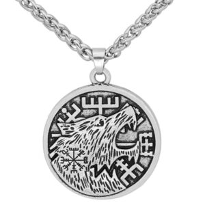 Wolf Head and Vegvisir Rune Pendant