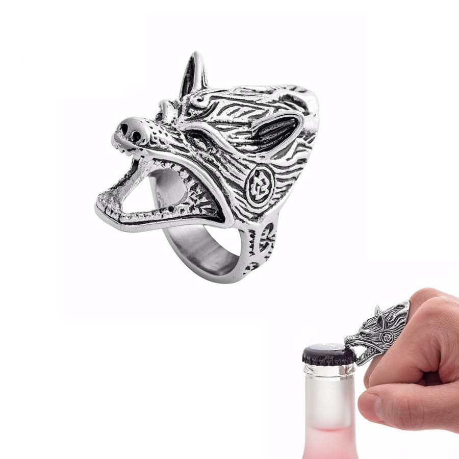 Viking Head Fenrir & Bottle Opener Ring 1 Viking Head Fenrir & Bottle Opener Ring
