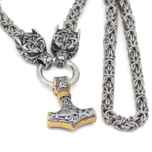 Viking Thor's Hammer Heads Wolves Stainless Steel Necklace