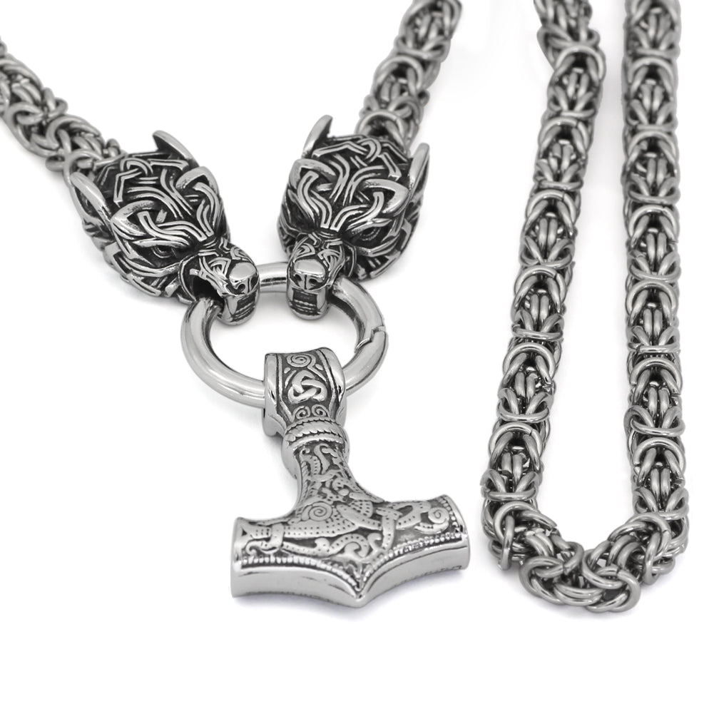 Viking Thor's Hammer Heads Wolves Stainless Steel Necklace 2 Viking Thor's Hammer Heads Wolves Stainless Steel Necklace - Image 2