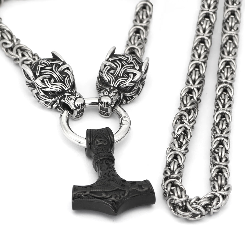Viking Thor's Hammer Heads Wolves Stainless Steel Necklace 4 Viking Thor's Hammer Heads Wolves Stainless Steel Necklace - Image 4